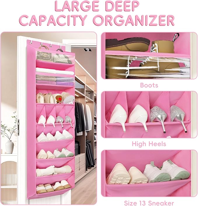 FENTEC 1 Pack 8 Shelves Over The Door Shoe Organizer,68" Exlarge Deep Pockets Hanging Shoe Organizers, Shoe Rack for Closet, Shoe Holder for Boots,Over Door Organizer in Home, RV, Dorm, Pink - Image 4