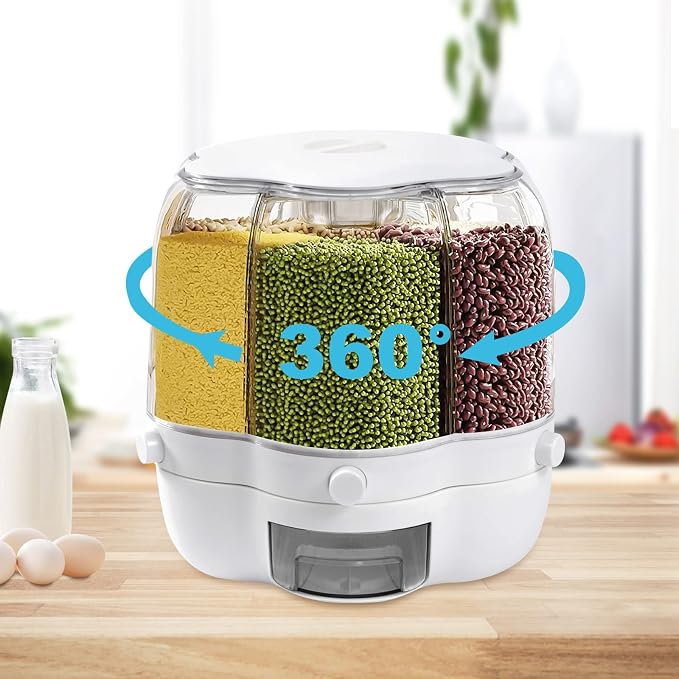 360° Rotating Grain Dispenser With 6 Grids, 13.2lbs Large Capacity Grain Dispenser Rotating Kitchen Storage Containers With Sealed Lid For Peanut Barley Millet And Cereal (White, 17.6 lbs) - Image 3
