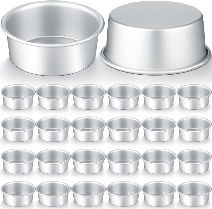 24 Pack Small 4 Inch Cake Pan Aluminum Mini Round Cake Baking Pans Tins Set with 100 Pcs Parchment Paper Rounds Non Toxic Healthy Leakproof Easy Clean Mirror Finish Dishwasher Safe by Domensi