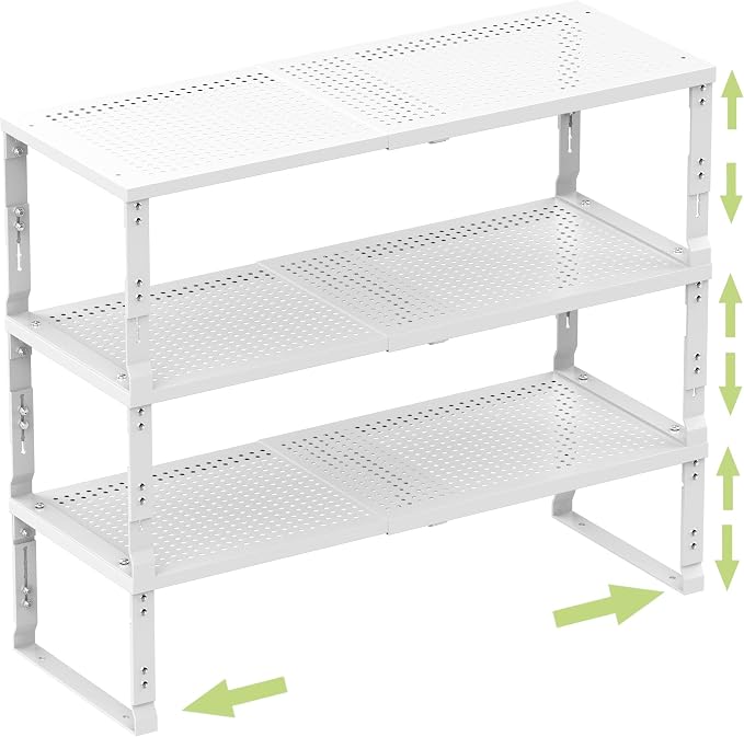 Heavy-Duty Adjustable Metal Shelf Organizer - Expandable & Stackable Pantry Storage Rack for Kitchen, Bathroom, RV, Cabinets(3 Packs/White, Large) by Unknown