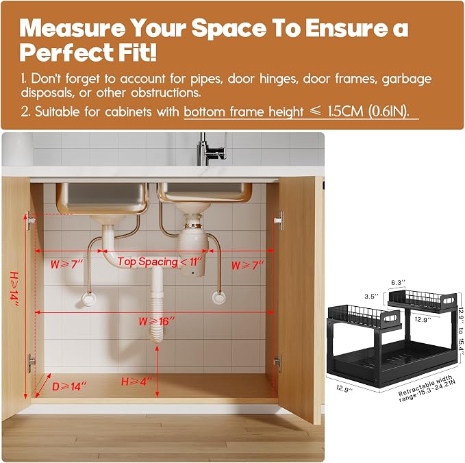 1 Pack Expandable Under Sink Organizers And Storage With Upgrade Ball-Bearing Slide Tracks,2-Tier Pull Out Under Cabinet Organizer Height Adjustable,Slide Out Under Sink Drawers-Black(Patent Pending) - Image 3