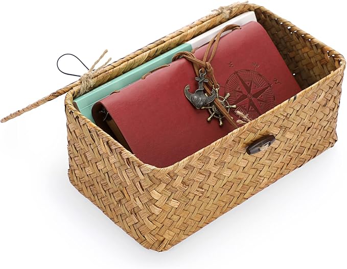 Hipiwe Wicker Shelf Baskets Bin with Lid X-Small Handwoven Basket for Shelf | Natural Seagrass Storage Box, Rectangular Household Basket Boxes for Wardrobe Home Organizer, Caramel - Image 9