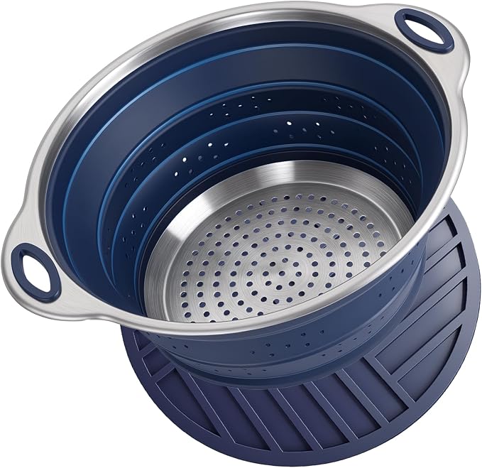Collapsible Colander Set with Silicone Mat,2-in-1 Stainless Steel Colander for Kitchen, Foldable Metal Colander, Space-Saving for Pasta Veggies Fruit(NAVY BLUE) by Rvxesaw