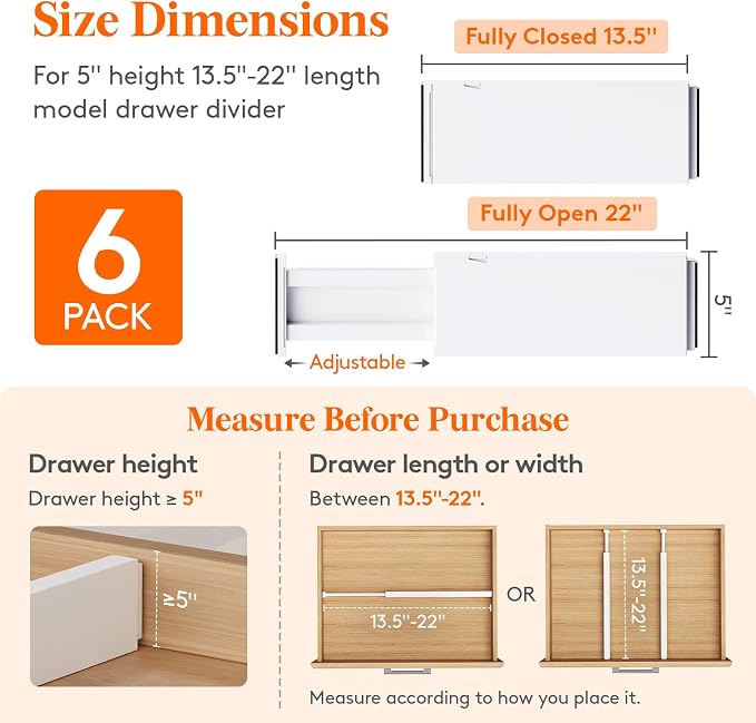 Lifewit 5" Tall Upgrade Drawer Dividers, Adjustable Deep Drawer Organizer | 13.5"-22" Expandable White Drawer Separator for Clothes, Dresser/Kitchen/Closet/Bedroom/Office Organization & Storage, 6 Pack - Image 2