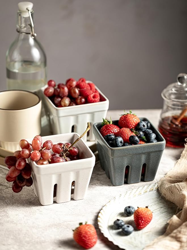 Gomakren Berry Bowl Set of 2, Ceramic Berry Basket, Square Fruit Bowls with Holes, Rustic Fruit Basket Containers for Kitchen Fridge, Berries, Strawberry, Grape, Cherry, Cream White - Image 8