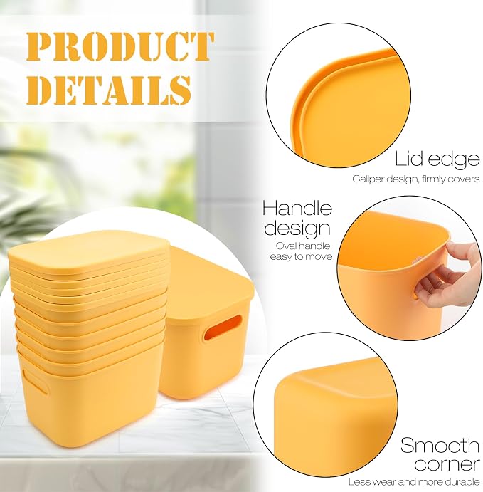 8 Pieces Colorful Storage Bins with Lid, Plastic Storage Basket Organizing Container Stackable Box with Handle for Shelves Desktop Playroom Office(10.2 x 7 x 6.3 Inch,Yellow) - Image 3