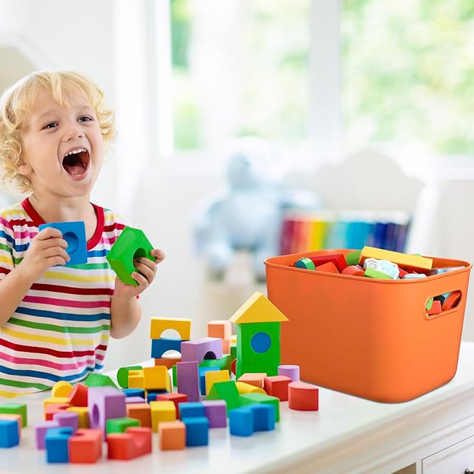 8 Pieces Colorful Storage Bins with Lid, Plastic Storage Basket Organizing Container Stackable Box with Handle for Shelves Desktop Playroom Office(10.2 x 7 x 6.3 Inch,Orange) - Image 6