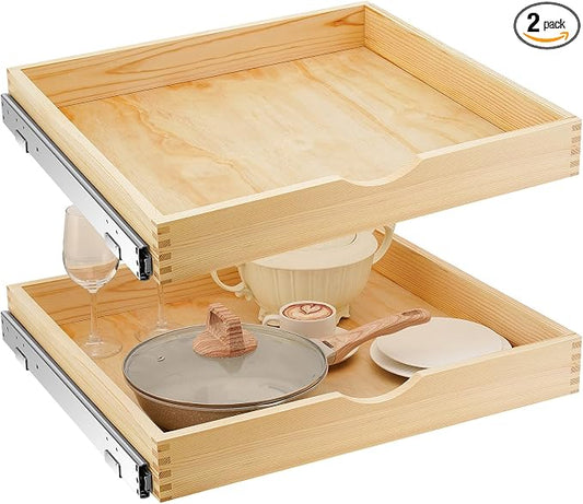 2 Set Wooden Pull out Cabinet Organizer Fully Assembled Slide out Pantry Drawer with Gentle Close Storage Shelf Tray for Base Kitchen Under Sink Bathroom Accessory(Wood Color,24'' X 21'' X 3'') by Menkxi