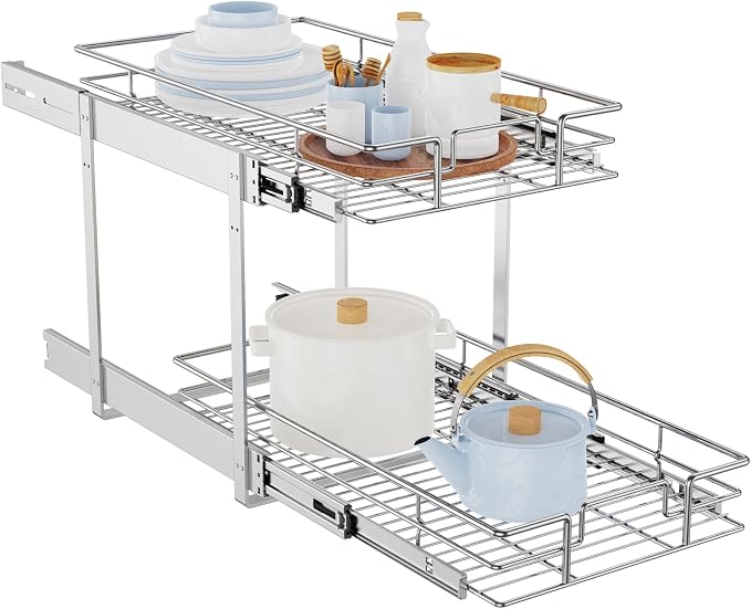 LOVMOR Individual Pull Out Cabinet Organizer, 2 Tier Slide Out Cabinet Drawers, Pots and Pans Organizer and Storage Pantry Shelf for Kitchen (11½" W x 21½" D) by LOVMOR