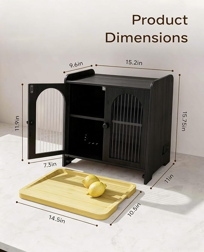 Bread Box for Kitchen Countertop, Large Double Layer Wooden Bread Storage Container with Acrylic Window, Adjustable Air Vents & Built-In Cutting Board, Pantry Organizer, Black - Image 3