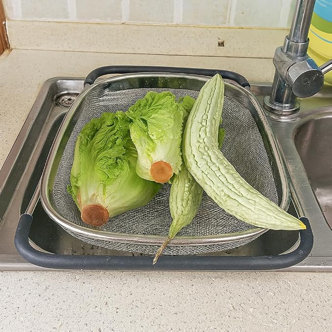 Premium Quality Over The Sink Stainless Steel Oval Colander with Fine Mesh 6 Quart Strainer Basket & Expandable Rubber Grip Handles - Strain, Drain, Rinse Fruits, Vegetables1 (1) - Image 4