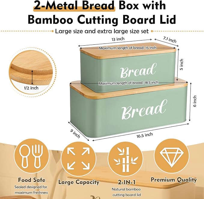 Teenyyou 2 Pcs Extra Large Bread Box with Slicer, Metal Bread Storage Container with Bamboo Cutting Board Lids, 2 Sizes Farmhouse Breadbox Set for Kitchen Countertop(Sage Green) - Image 2