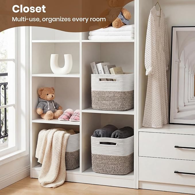 Storage Baskets for Organizing, 14 x 10 x 9” Closet Shelf Woven Baskets, Square Bins with Handles, Cotton Rope Basket for Clothes, Office, Room, White+Dark brown 1 Pack - Image 4