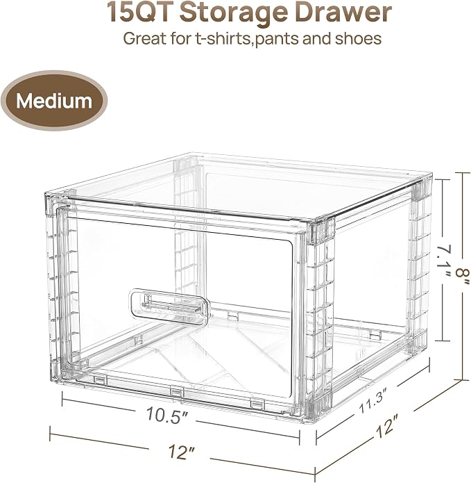 Vtopmart 2 Pack Clear Stackable Storage Drawers 15QT | Easily Assemble Closet Organizers,Plastic Storage Bins for Bathroom,Cabinet,Kitchen Pantry,Under Sink Organization(Medium) - Image 2