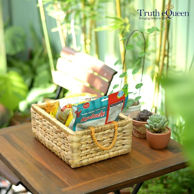Water Hyacinth Storage Baskets For Organizing, Wicker Baskets For Storage With Macrame Handle, Small Woven Basket Small Wicker Blanket Basket For Organizing, Rectangular Woven Blanket 12x9x5 In - Image 6