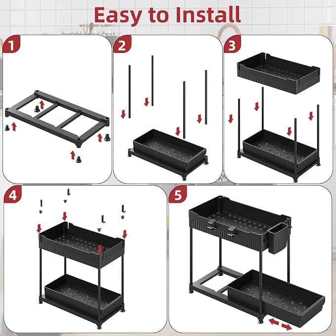 4-Pack 2-Tier Under Sink Organizer with Pull Out Drawers | Multi-use kitchen & bathroom storage. Includes hanging hooks and cups. Black, space-saving cabinet design. 14.8 Inch - Image 9