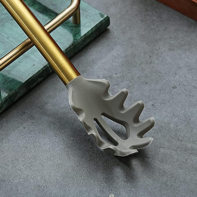 Gold Spaghetti Spoon, Berglander Non-stick Silicone Pasta Server With Titanium Gold Plating Handle, Spaghetti Server For Cooking, Pasta Fork, Noddle Fork, Dishwasher Safe, Easy to Clean - Image 5