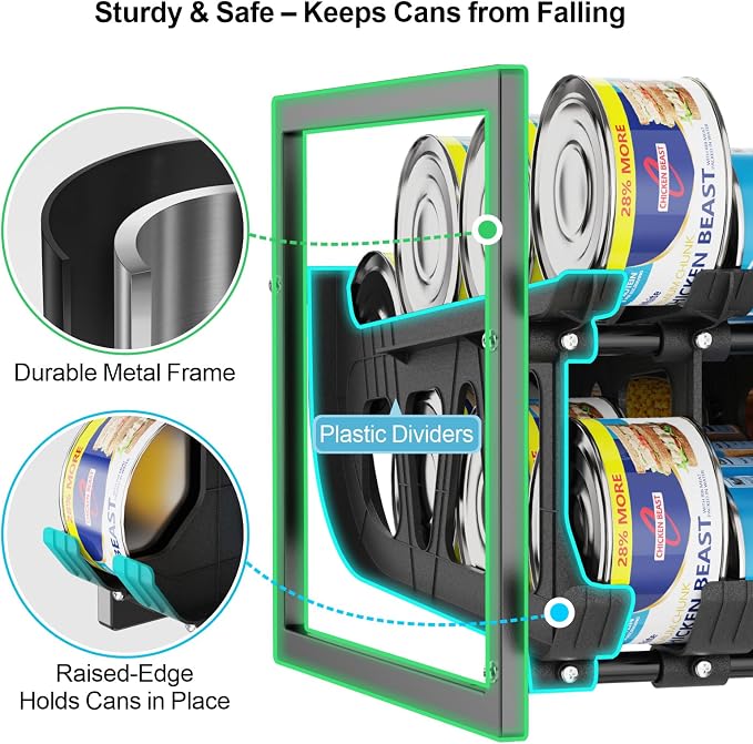 Can Organizer for Pantry - Auto-Rolling, Expands to Hold 60 Cans | Stackable For Walk-in Deep Pantry Shelve, Adjustable Width for Food Cans, Sturdy Metal Frame, Easy Access & Restocking, Black - Image 7