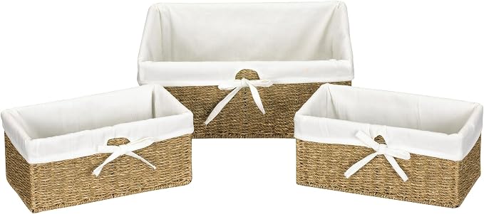 Household Essentials ML-5611 Set of Three Woven Wicker Storage Baskets with Removable Liners | Natural Seagrass,Brown by HouseholdEssentials