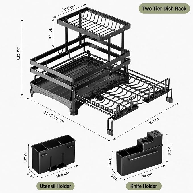 2 Tier Dish Drying Rack, Expandable Dish Rack for Kitchen Counter with 360° Swivel Auto Drain Spout, Large Capacity Dish Drainer with Detachable Utensil Holder, Carbon Steel Kitchen Organizer - Image 9