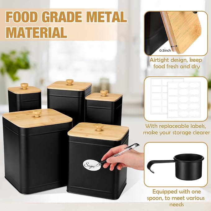 5 Pcs Black Kitchen Canisters for Countertop with Labels Airtight Metal Containers Coffee Tea Sugar Flour Jars with Spoon Farmhouse Big Food Storage Set for Kitchen - Image 3