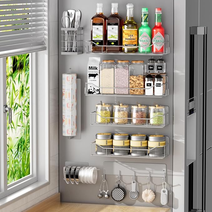Magnetic Spice Rack for Refrigerator,8 Pack Magnetic Fridge Shelf, Moveable Spice Organizer with Hook Rack, Paper Towel Holder, Utensil Holder,cup lid holder, Super Magnetic Rack Set (Grey) by IYEBAU