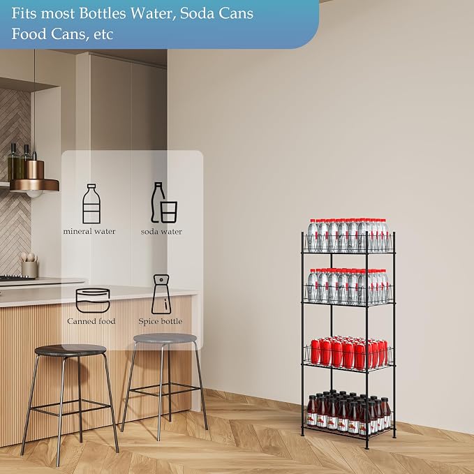 ETELI Water Bottle Organizer 4 Tier FreeStanding Water Bottle Holder Storage Rack Floor Metal Drink Soda Can Organizer for Pantry Kitchen Food Storage, Black - Image 4