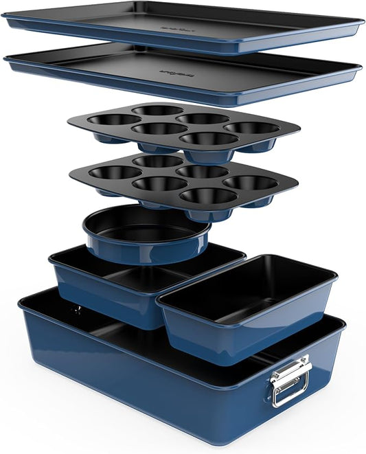 NutriChef 8-Piece Nonstick Bakeware Set - Baking Tray Set w/Non-Stick Coating, 450°F Oven Safe, Round Cake, Loaf, Muffin, Wide/Square Pans, Cookie Sheet (Blue) by NutriChef%E2%84%A2Kitchen