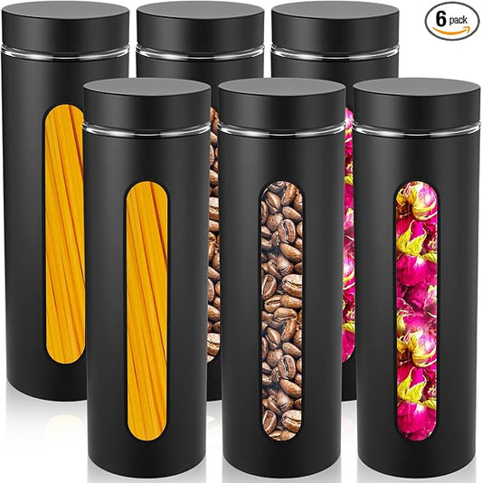 Patelai 6 Pack Kitchen Canisters Set Airtight Stainless Steel Canister Food Storage Container with Window Glass, Coffee Sugar Candy Jars Tea Organizer for Flour Cookies Spice (Black,60 oz) by Patelai