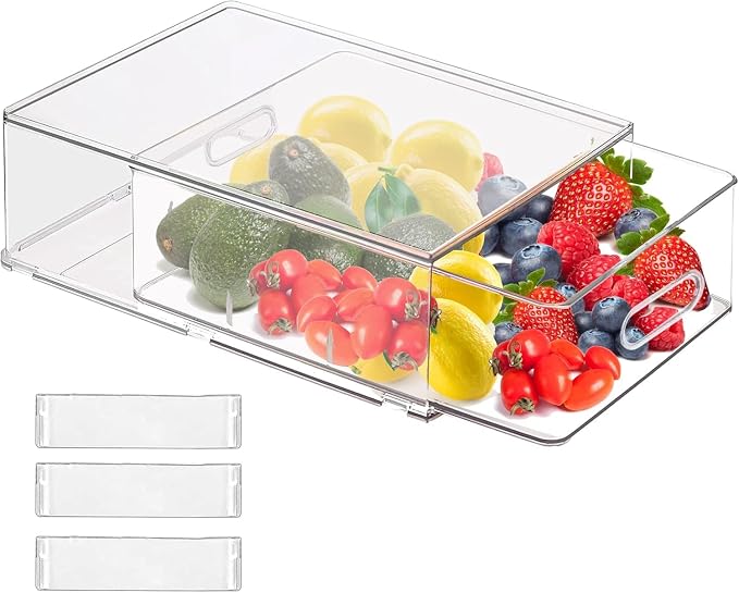bealy Clear Drawer Organizer with 3 Dividers, Fruit Containers for Fridge Organization, Clear Stackable Storage Drawers, BPA Free, 6.34QT by bealy
