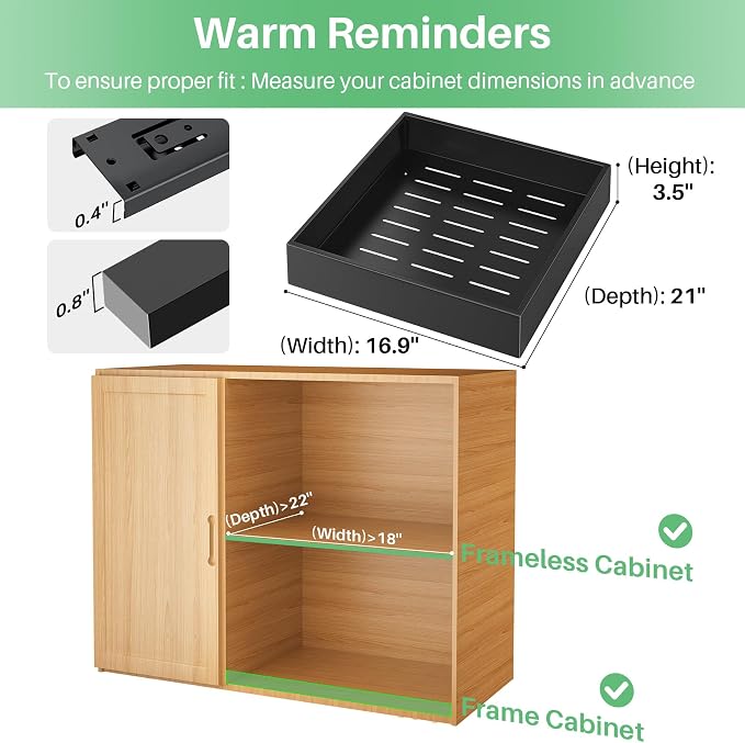 2Pack Pull out Cabinet Organizer, 21"Deep, Heavy Duty Full-extension Slide out Drawers for Kitchen Cabinet, Roll out Shelf Storage with Nano Adhesive for Pots,17"W x 21"D x 3.1"H, Black - Image 2