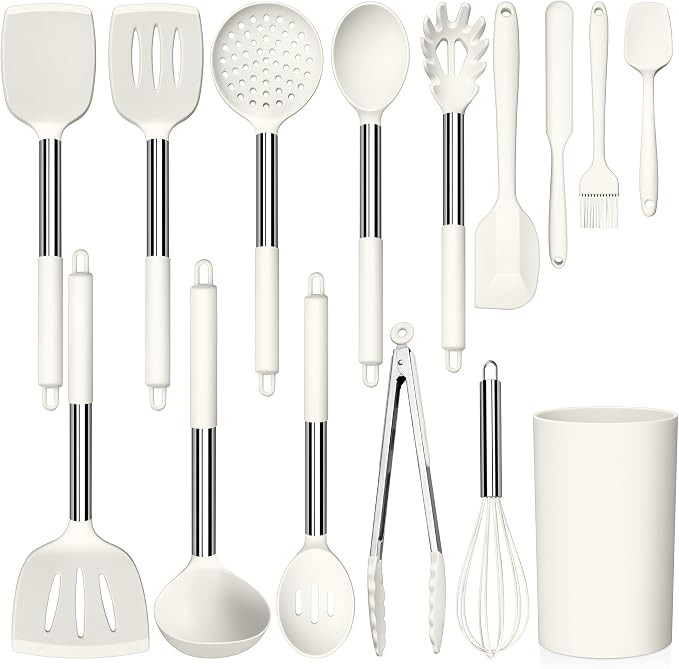 LIANYU 15 Pcs Cooking Kitchen Utensils Set with Stainless Steel Handle | Silicone Kitchen Gadgets with Holder, Heat Resistant Spatula Tools, Brush Spoon Tong Whisk Ladle Turner for Cookware, White by LIANYU