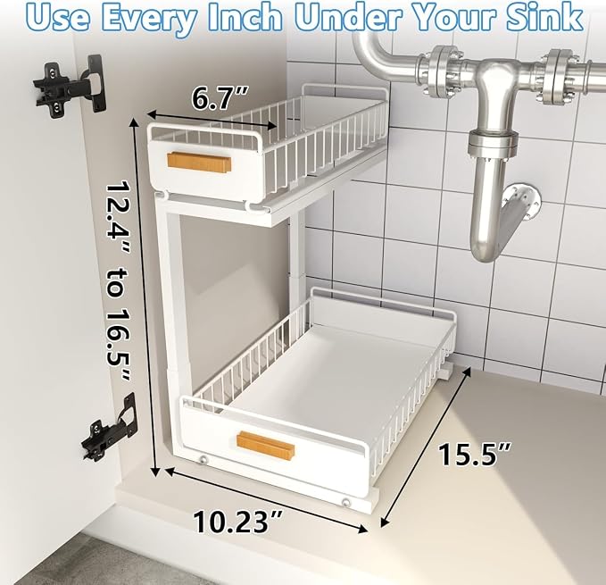 Under Sink Organizer Kitchen - Upgraded Professional Rails, 2 Tier Dual Pull Out Cabinet Storage, Height Adjustable Under Sink Storage, Metal Sliding Drawer for Kitchen & Bathroom, White, 1 Pack - Image 5