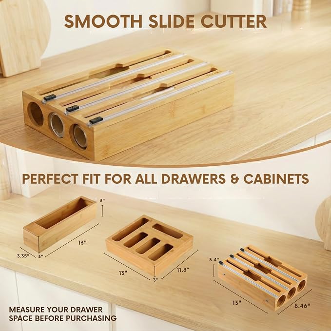 9 in 1 Storage Bag Organizer for Kitchen Drawer, Bamboo Foil and Plastic Wrap with Cutter, Ziplock Bag Organizer for Quart, Gallon, Sandwich & Snack Bags - Image 2