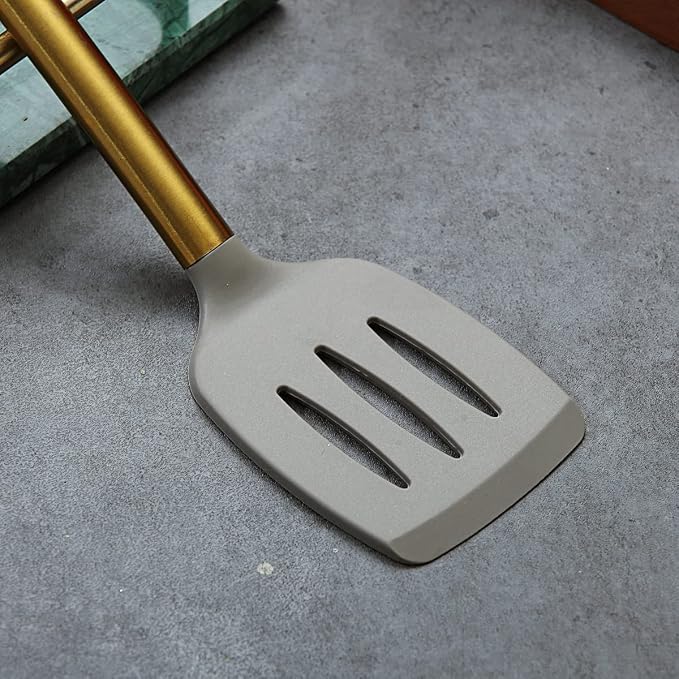 Berglander Non-stick Silicone Slotted Turner with Titanium Gold Plated Handle for Cooking, Dishwasher Safe, Easy to Clean - Image 5