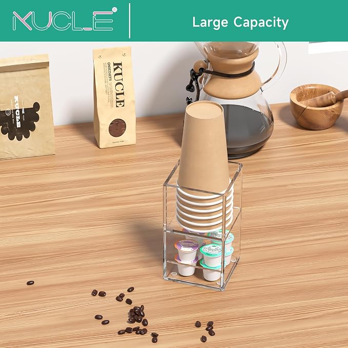 2-Tier Coffee Station Organizer for Countertop, 2 Compartments Clear Acrylic Cup and Lid Holder Tea Condiment Storage Upright Coffee Bar Organizer Pod Dispenser for Office Breakroom Home Kitchen - Image 7