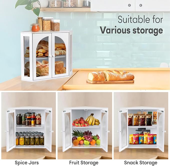 Corner Bread Box for Kitchen Countertop,Double Layer Bread Holder | 3 Adjustable Height, Large Capacity, Magnetic Acrylic Door, Bamboo Bread Storage Container for Homemade Bread, White - Image 7