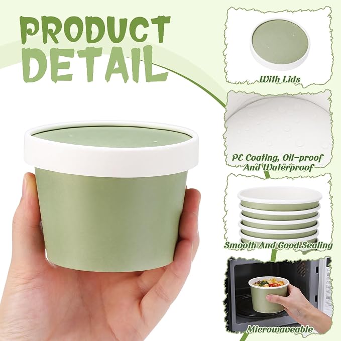 Fulmoon 100 Pack Paper Soup Containers with Lids Disposable Paper Food Containers with Vented Lid Kraft Ice Cream Cake Dessert Cups Soup Bowl for Party Hot Food Fruit Microwave(8 oz,Olive Green) - Image 3