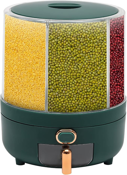 360° Rotating Grain Dispenser With 6 Grids, 13.2lbs Large Capacity Grain Dispenser Rotating Kitchen Storage Containers With Sealed Lid For Peanut Barley Millet And Cereal (Green, 14.3 lbs) by Unknown