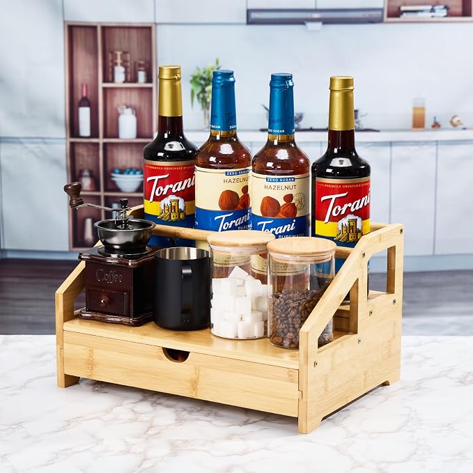 Bamboo Coffee Syrup Rack Organizer 3 Tier Rack with Cup Storage Box, Bottle Holder Stand for Syrups, Dressings, Kitchen Coffee Station, Natural - Image 6