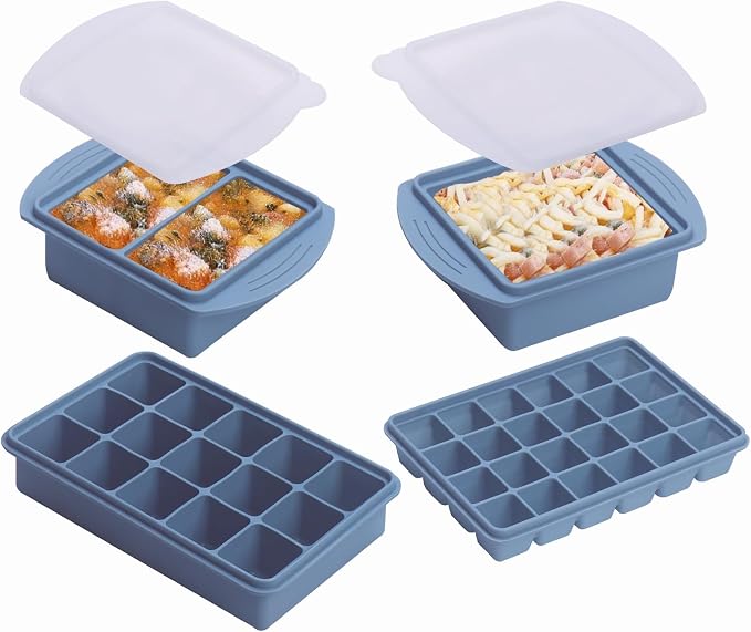 Silicone Freezer Trays with Lid (4-Pack), 1-Cup, 2-Cup, 2-Tbsp & 1-Tbsp Silicone Freezer Molds, Stackable Soup Freezer Meal Prep Containers,Ice Cube Tray for Making Sauce,Yogurt Bites (Blue 4 Pack) by Vrykiin