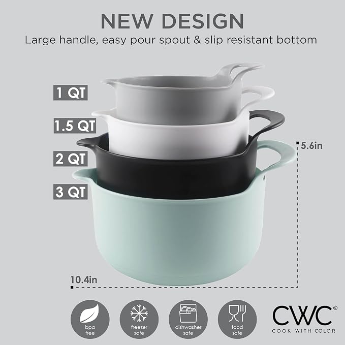 COOK WITH COLOR Nesting Plastic Mixing Bowl Set with Pour Spouts and Handles, Mint, 4 Piece Non-Slip - Image 5