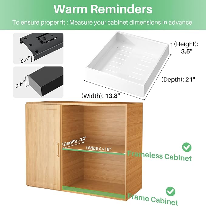 Pull out Cabinet Organizer, 21"Deep, Heavy Duty Full-Extension Slide out Drawers for Kitchen Cabinets with Nano Adhesive, Roll Out Shelf Sliding Cabinet for Pots, Bathroom, Pantry, Under Sink, White - Image 2