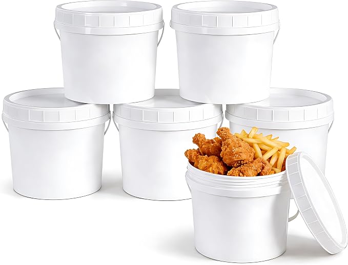 6 Pack 1 Gallon Plastic Buckets with Screw Lids & Handle, Food Grade Storage Containers for Kitchen, Freezer - Reusable White Plastic Bucket Set (White, 6pack 1Gal) by UMETASS