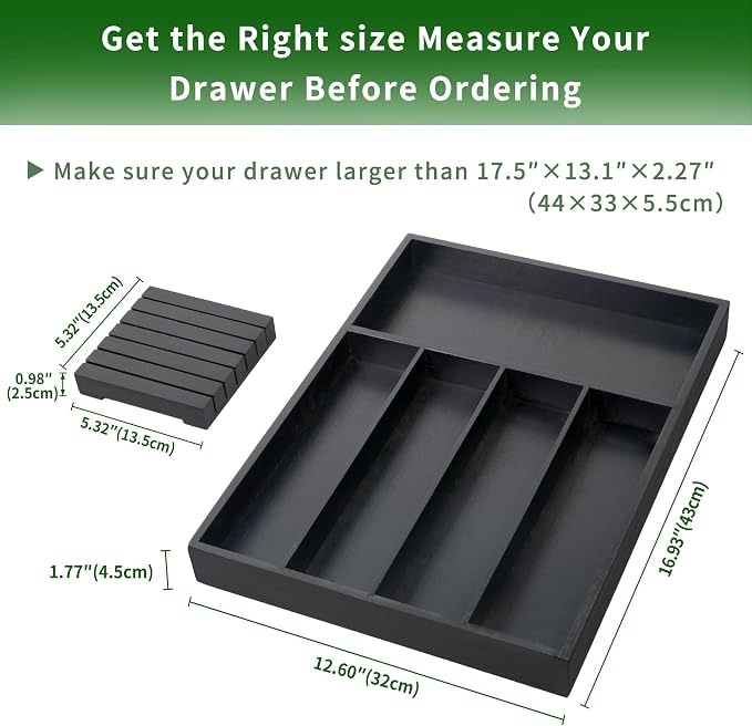 VaeFae Bamboo Silverware Drawer Organizer, 5 Slots, Black | Kitchen Utensil Organizer, Removable Knife Block, Cutlery Tray with Divider, Fork and Spoon Holder - Image 3