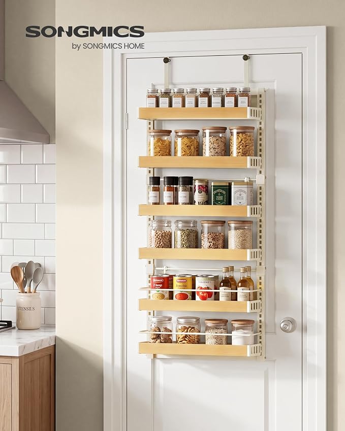 SONGMICS 6-Tier Over the Door Pantry Organizer, Adjustable Spice Rack with Anti-Tipping Wire, Wall Mounted Storage, 16.9 x 6.2 x 55.3 inch, Matte White, UKCS048W101 - Image 2