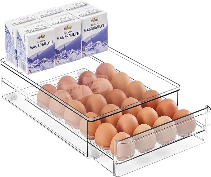 24 Egg Drawer for Fridge, Pull Out Egg Storage Container with Non-Slip Pads Refrigerator Organizer Bins Clear Egg Holder, Egg Tray-Bpa Free Egg Organizer by vacane