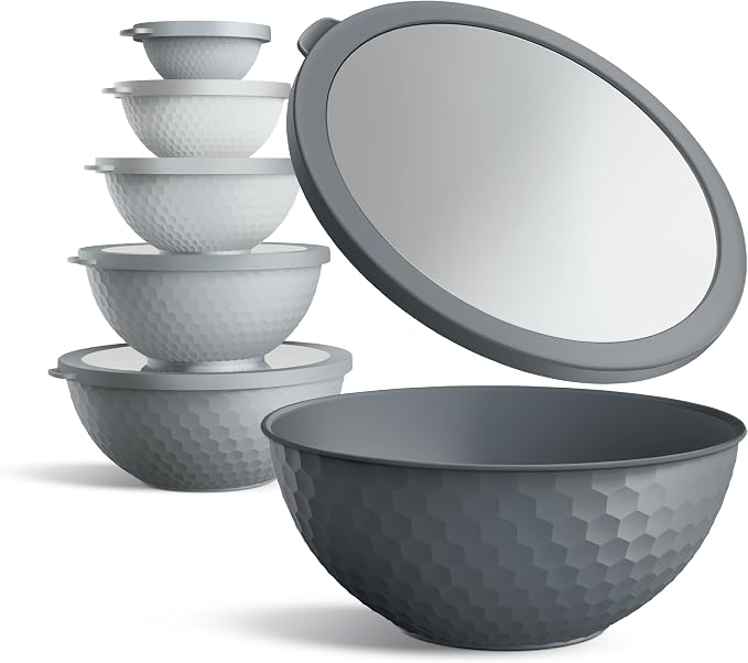 COOK WITH COLOR Mixing Bowls with Lids - 12 Piece Plastic Nesting Bowls Set includes 6 Prep Bowls and 6 Lids, Microwave Safe Mixing Bowl Set, Grey Embossed - Image 2