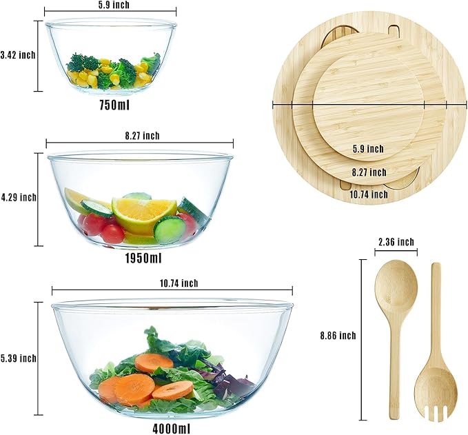 Glass Mixing Bowls with Bamboo Lids, 3 Packs Glass Bowls with Lids Set(4.7QT, 2.1QT, 0.8QT), Large Capacity Salad Bowls, Nesting Containers Microwave Safe Baking Bowls for Kitchen - Image 3