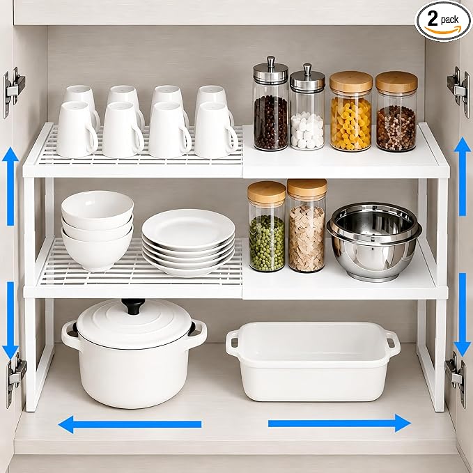 Cabinet Shelves, 2 Pack Stackable Shelves for Kitchen Storage | Expandable & Height Adjustable Cabinet Organizer Shelf | Metal Shelf Organizer | White Spice Rack for Pantry Storage by HOFUSUSER